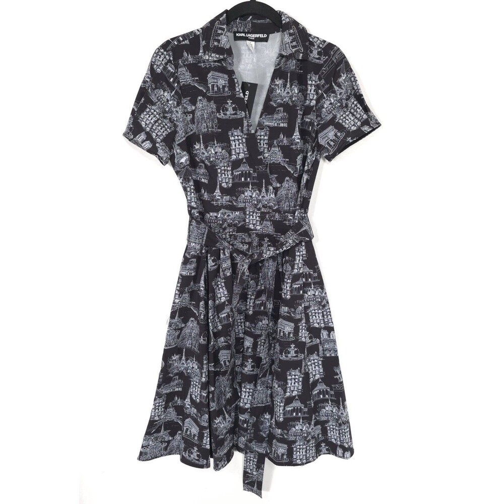 KARL LAGERFELD PARIS Toile Women’s New 2 Shirt Dress Landmark Belted Tie Waist